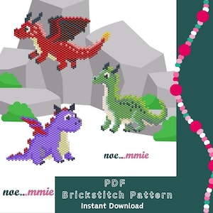 May include: A digital PDF brickstitch pattern showing three pixelated dragons in red, green, and purple. The dragons are set against a backdrop of grey rocks and green foliage. The text "noe...mmie" and "PDF Brickstitch Pattern Instant Download" are also visible.