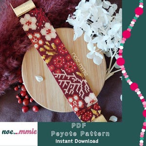 May include: A beaded bracelet with a floral design in shades of red, cream, and yellow. The bracelet is displayed on a wooden surface with the text "PDF Peyote Pattern Instant Download". The bracelet is approximately 3.8 cm wide.