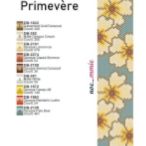 May include: A beaded floral pattern in yellow and brown on a teal background. The design is for a bracelet, with the title "Manchette Primev&egrave;re" at the top. Colour codes are listed on the left.