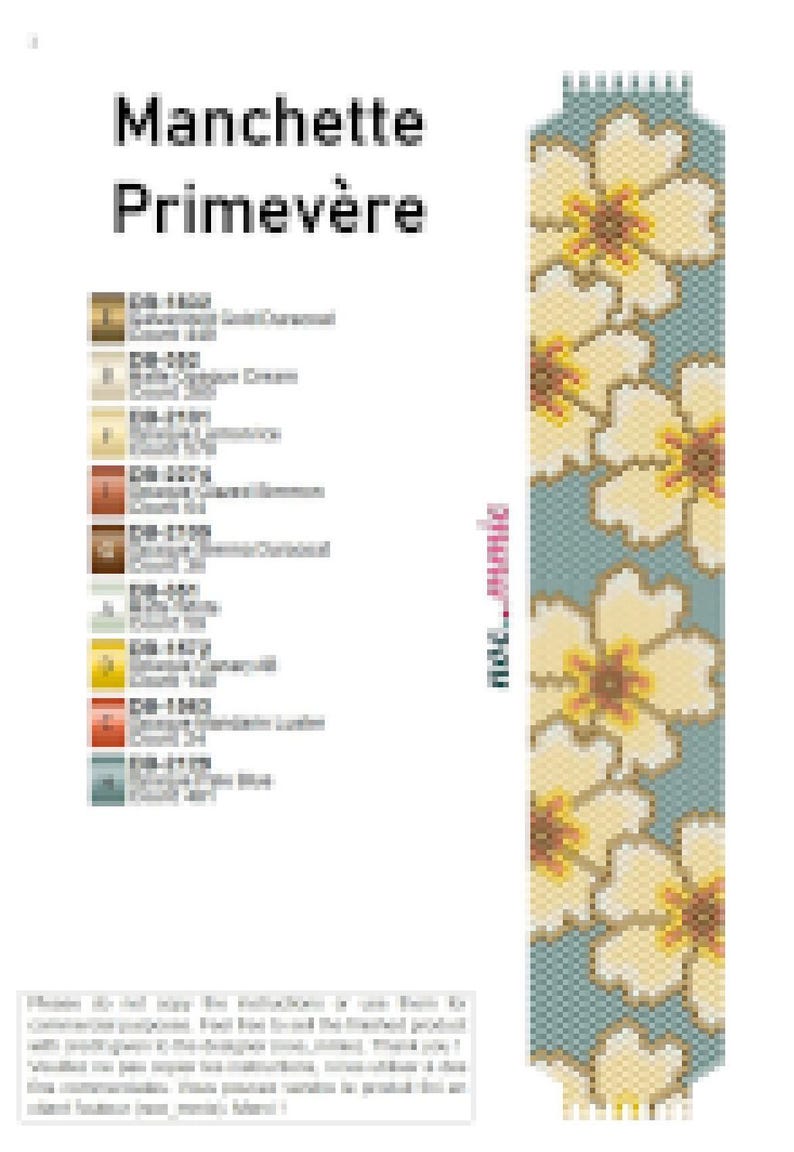 May include: A beaded floral pattern in yellow and brown on a teal background. The design is for a bracelet, with the title "Manchette Primev&egrave;re" at the top. Colour codes are listed on the left.