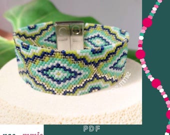 Patrón de brazalete geométrico verde y azul con cuentas Miyuki - Patrón de tejido de peyote digital en PDF - Joyería y pulsera DIY con plantas de verano