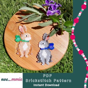 May include: A PDF pattern for two bunny brick stitch designs. One bunny is brown with a green bow and the other is gray with a blue bow. The pattern is for instant download.