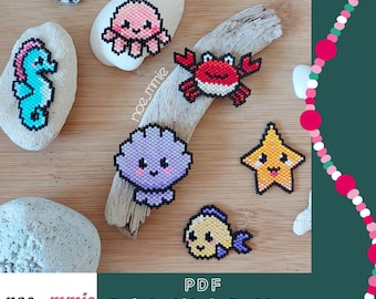 Miyuki Beaded Sea Creatures Pack - Digital PDF Brickstitch Weaving Pattern - Octopus, Star, Crab, Seahorse, Fish - DIY Kawaïi