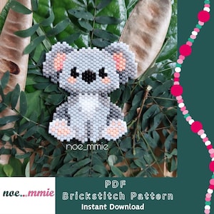 May include: A beaded koala bear in shades of grey, black, and peach. The koala is set against a backdrop of green leaves. The image also features the text "noemmie" and "PDF Brickstitch Pattern Instant Download".