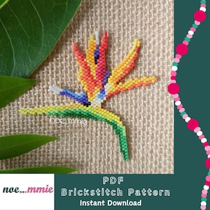 Könnte beinhalten: Eine Perlenblume der Paradiesvogelblume in leuchtenden Farben: Gelb, Orange, Rot, Blau und Grün. Die Blume ist aus kleinen Perlen gefertigt und vor einem neutralen Hintergrund platziert. Der Text "PDF Brickstitch Pattern Instant Download" ist sichtbar.