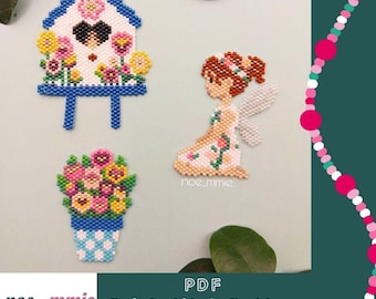 Motivos de hadas primaverales, casita para pájaros y maceta en cuentas Miyuki - Patrón digital en PDF con tejido de punto ladrillo - Manualidades de primavera