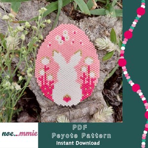 Könnte beinhalten: Ein rosa-weißes Peyote-Stickmuster mit einem Hasen in einem Blumenfeld. Das Muster ist als sofortiger Download im PDF-Format verfügbar.