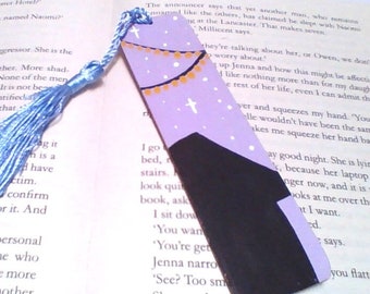 Hand Painted Wooden Bookmark - Silk Tassel - Gift for Book Lovers - Gift for her - Gift for him - Page Marker - House - Lights - Handmade