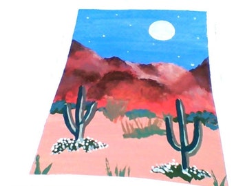 Cactus in Desert Gouache Painting - Original - Mountains - Wall Art - Moon - Gift for her - Gift for him - Flowers - Handmade - Stars