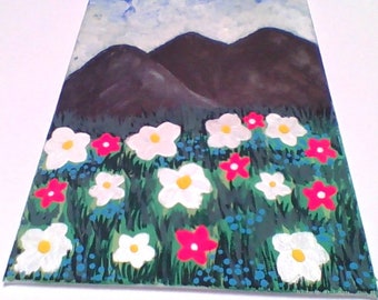 Mountain and Floral Gouache Original Canvas - Clouds - Flowers - Daisies - Scenery - Handmade - Handpainted - Wall Art - Gift for her/him