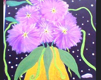 Original Flower Vase Gouache Painting on Black Canvas - Wall Art - Handmade - Purple - Florals - Dots - Leaves - Gift for her - Gift for him