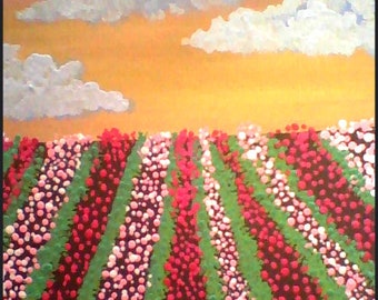 Tulip Field Original Gouache Canvas - Clouds - Gift for home - Handmade - Wall Art- Florals - Sky - Landscape - Gift for her - Gift for him