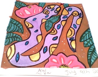 Snake Original Signed Gouache Painting - Gift for her - Gift for him - Original - Wall Art - Metallic - Leaves - Purple