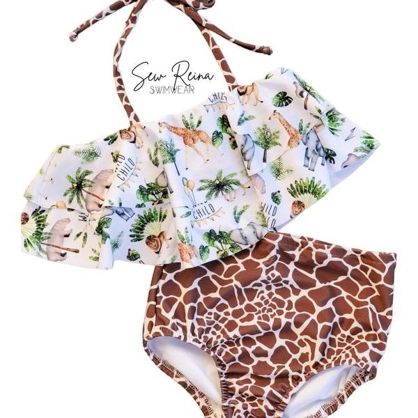 Girls Bikini, Wild One Zoo Safari Animal Kingdom Swimsuit, High Waist Bottoms & double Flounce Top, modest bikini giraffe elephant