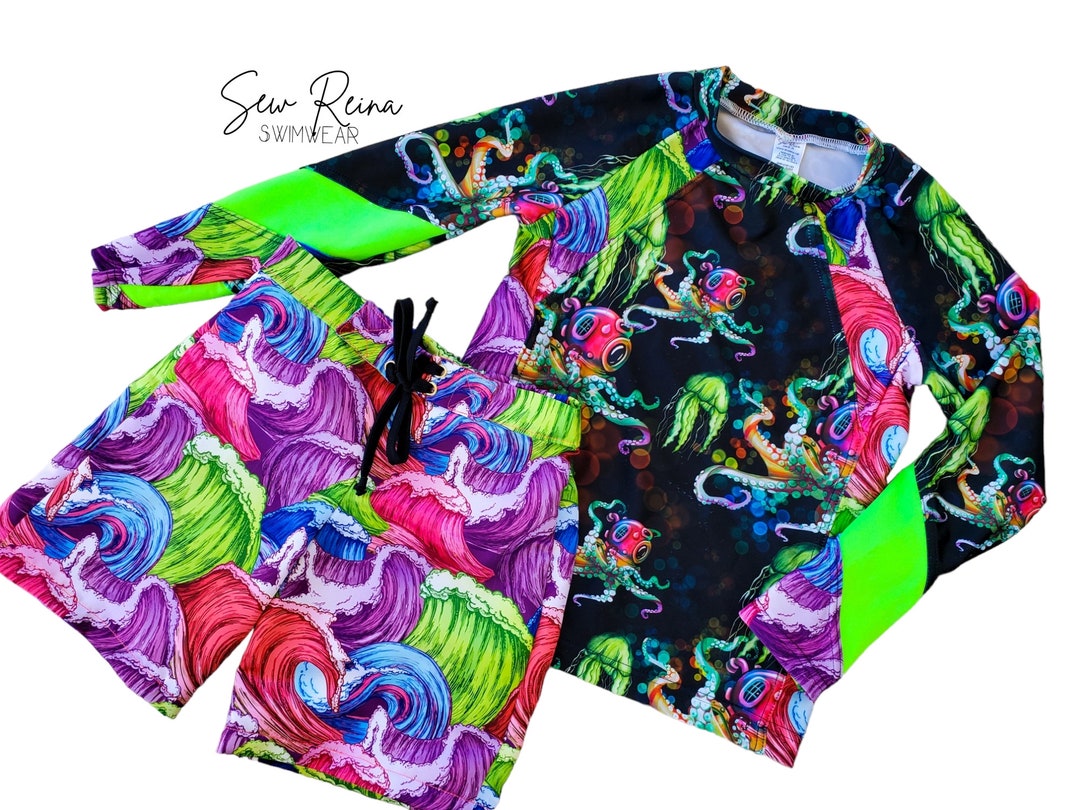 Boys Rashguard & Board Shorts Swim Set, 2T14 Years, Neon Swim Safe
