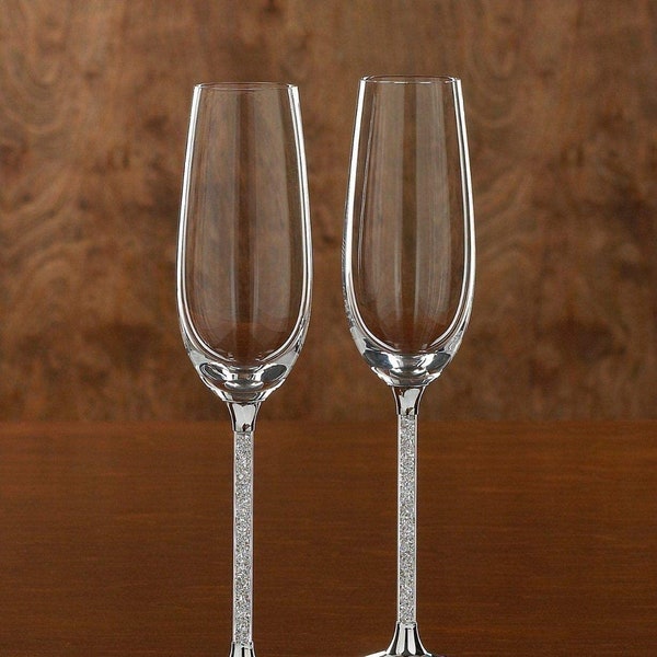White Crushed Diamond Crystal Filled Champagne Glass Set Pair Glasses Glassware Wedding Anniversary Bar Gift New Bling Christmas Sparkle