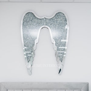 Silver Mirror Glass Angel Wings Wing Wall Hanging Art Plaque Crushed Diamond Diamante Crystal filled New Gift Home Decoration