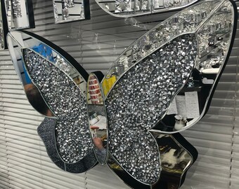 Silver Mirror Glass Butterfly Wings Wing Wall Hanging Art Plaque Crushed Diamond Diamante Crystal filled New Gift Home Decoration