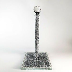 Silver Crushed Diamond Crystal filled Kitchen Towel Tissue Roll Holder 29cm Square Base