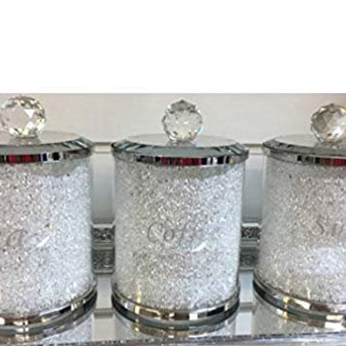 CRUSHED DIAMOND SILVER CRYSTAL FILLED TEA COFFEE SUGAR CANISTER JARS STORAGE 