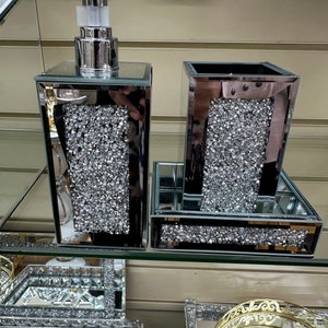3 Square Bathroom Set Soap Dish Dispenser Toothbrush Holder Silver Mirror Glitter Crushed Diamond Diamante Filled Bling Sparkle Container