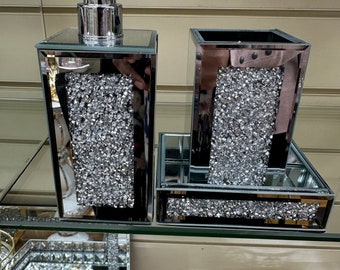 Set da bagno quadrato 3 Dispenser portasapone Portaspazzolino Specchio argentato Glitter Diamante schiacciato Contenitore scintillante riempito con diamanti