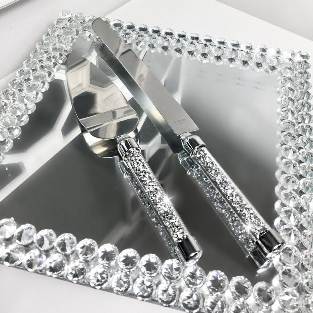 Cake Knife Cutter Serving Pair Silver Crushed Diamond Crystal Etsy