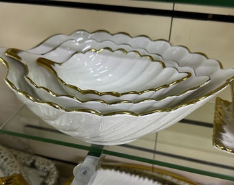 Set of 3 Gold White Porcelain Ceramic Serving Tray Bowl Kitchen Decor Home Tableware Food Snack Display Multi Use Decorative Bling Sparkle