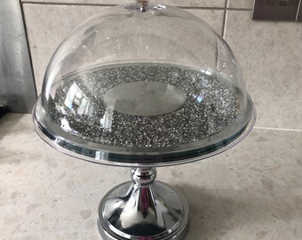 Round crushed diamante cake stand food display afternoon tea glass turn tray perfume candle holder home decor decoration bling sparkle