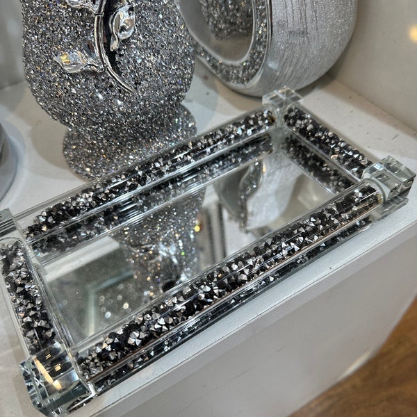 Piccolo vassoio per gingilli con diamante schiacciato in argento nero, mini, riempito di cristallo, decorazioni per la casa, stoviglie, decorazione multiuso, vassoio per chiavi, regalo scintillante