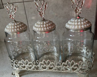 Zilver Metaal Parel Helder Glas Thee Koffie Suikerpotten staan Buspotten Keukenopslag Home Decor Decoratie Nieuwe Bling Sparkle Set van 3