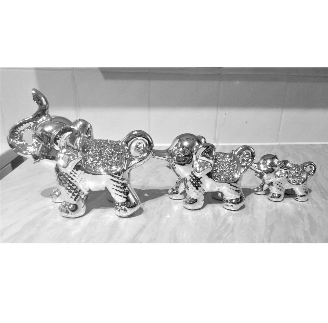 Silver Crushed Diamond Crystal Cute Set of 3 Elephant Etsy