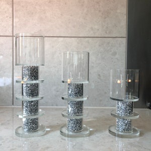 3 tier Silver Crushed Diamond Crystal Filled Candle Stick Holder Set Home Decor Decoration Gift New in Box Bling Sparkle