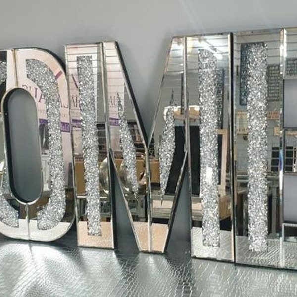 Silver Mirror Glass HOME Letters Sign Wall Hanging Art Plaque Crushed Diamond Crystal filled New Gift Home Decoration