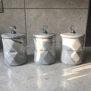 White Grey Gray Marble Effect Tea Coffee Sugar Jars Canister Pots Kitchen storage Air Tight Lid New Gift
