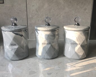 White Grey Gray Marble Effect Tea Coffee Sugar Jars Canister Pots Kitchen storage Air Tight Lid New Gift