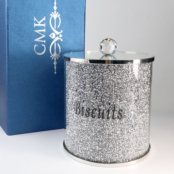 Silver Crushed Diamond Crystal Filled Biscuit Barrel Canister Cookie Jar Tin Kitchen Storage