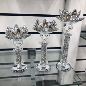 Set of 3 Tier Silver Glass Crushed Diamond Diamante Crystal Filled Mirror Flower Candle Holder Home Decor Decoration Gift New Bling Sparkle