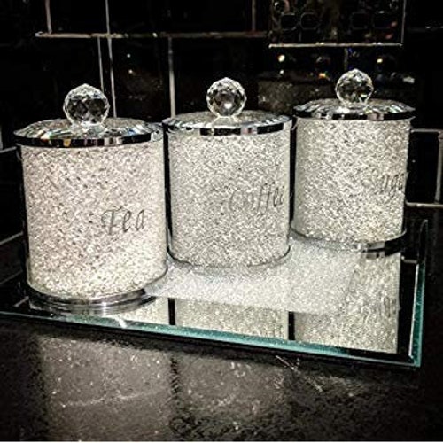 NEW SILVER CRUSHED DIAMOND CRYSTAL FILLED TEA COFFEE SUGAR CANISTERS JARS 