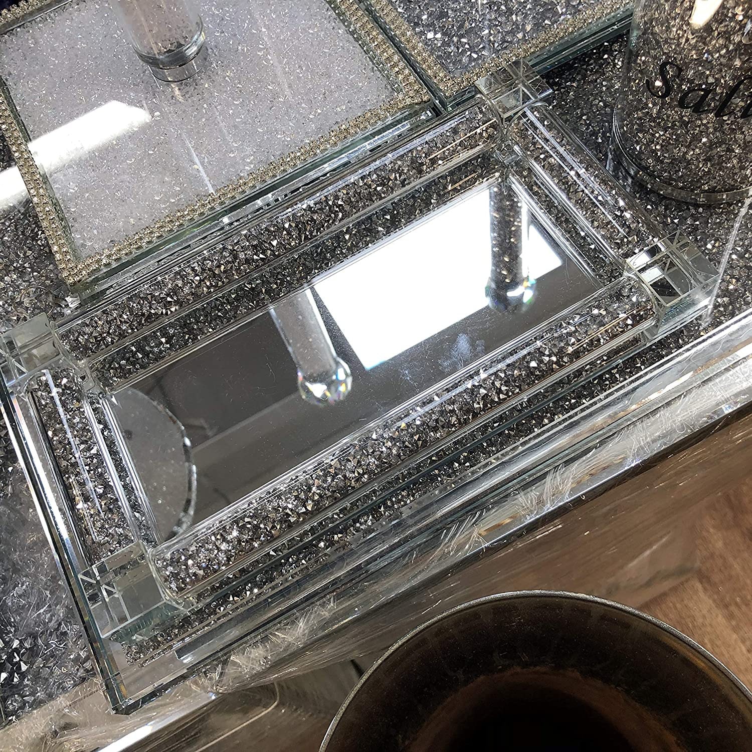 Silver Black Crushed Diamond Serving Display Tray 37cm x 17cm Diamante