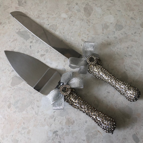 Cake Knife Cutter Serving Pair Silver Diamond Crystal Diamante Etsy