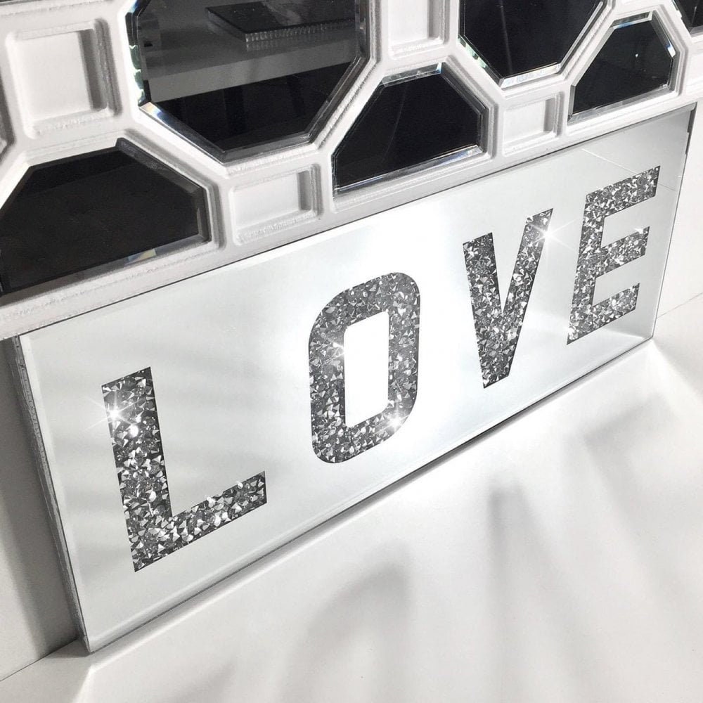 Silver Mirror Glass LOVE Sign Wall Hanging Art Plaque Crushed Etsy