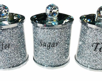 Silver Crushed Diamond Diamante Crystal Filled Tea Coffee Sugar Jars Canister Pots Kitchen storage Decor Decoration New Bling Gift Sparkle