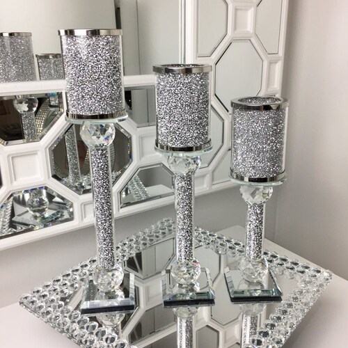 Crushed Diamond 3 Candle Holder Faceted Balls Sparkly Decorative Silver Crystal. 