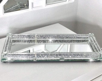 Silver Crushed Diamond Serving Tray Glass Crystal Filled Kitchen Decor Home Tableware Multi Use Decorative