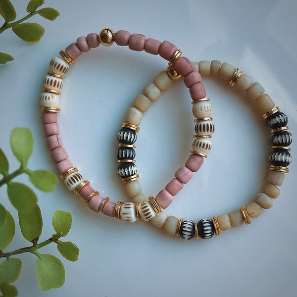 The Veda bracelet | glass beaded bracelet | carved bone bracelet | bracelet stack | pastel bracelet | stackable