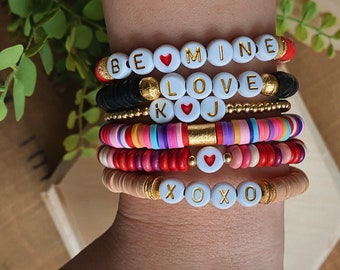 Valentines Beaded Bracelet Stack | Personalized Polymer Clay Bracelets