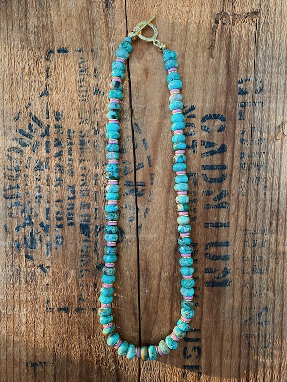 Hand Beaded Turquoise Necklace: 24k Gold Toggle Clasp, 16in