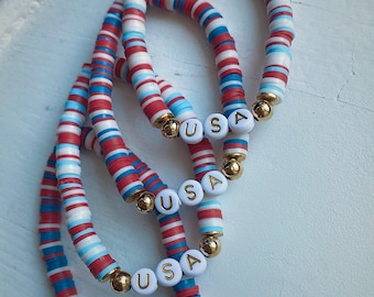 USA Heishi Bracelet: Red White Blue Polymer Clay, Patriotic Stackable Bracelet