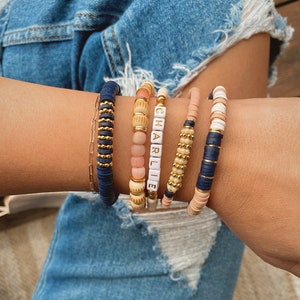 The Ash Stack | custom bracelets | personalized bracelets | heishi bracelets | bracelet stack | beaded bracelets | name bracelets